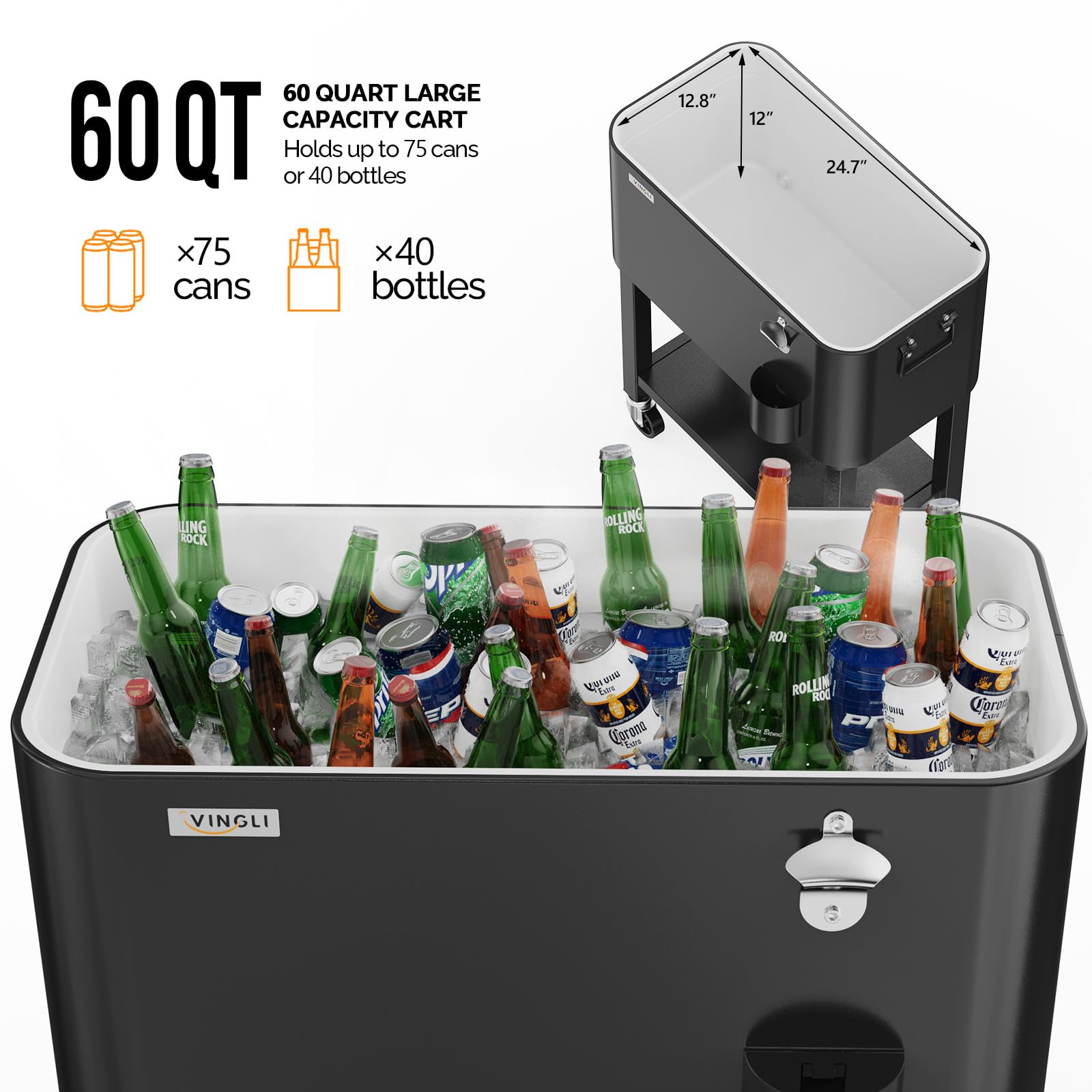 60 Quart Portable Patio Rooling Cooler Cart Detachable Black