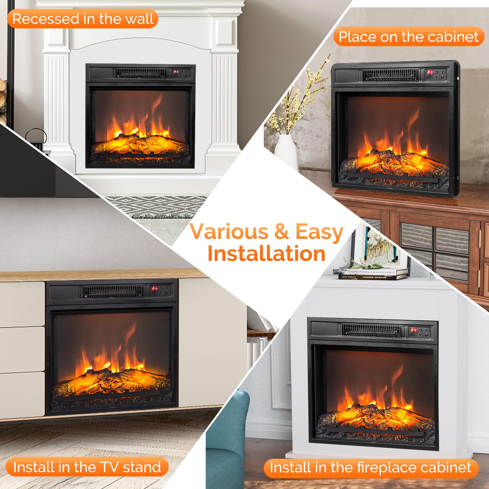 ROVSUN 18'' W 1400W 120V Electric Fireplace Inserts with APP & Remote