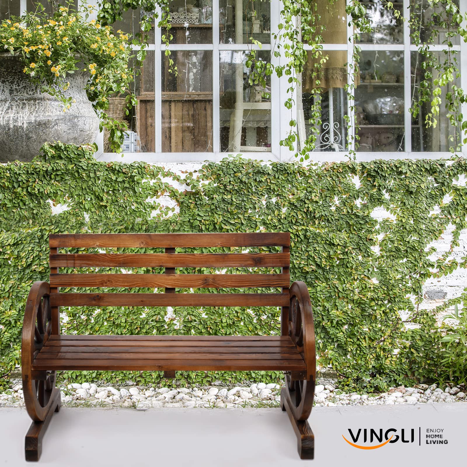 41" Outdoor Bench with Rustic Wooden Wheel