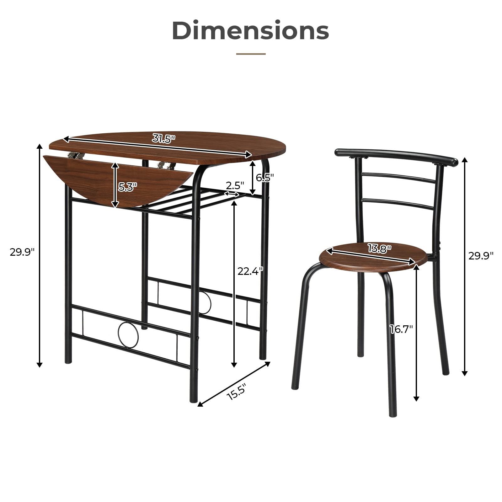 3 Piece Drop Leaf Dining Set Round Folding Table and 2 Chairs Black Brown