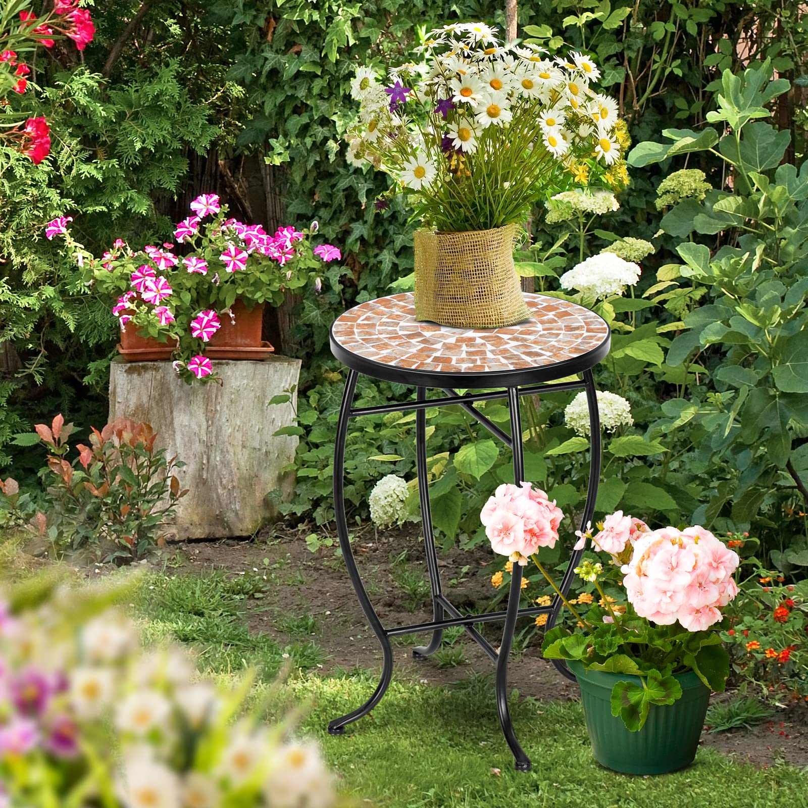 14 Inch Round Mosaic Outdoor Side Table Golden Yard