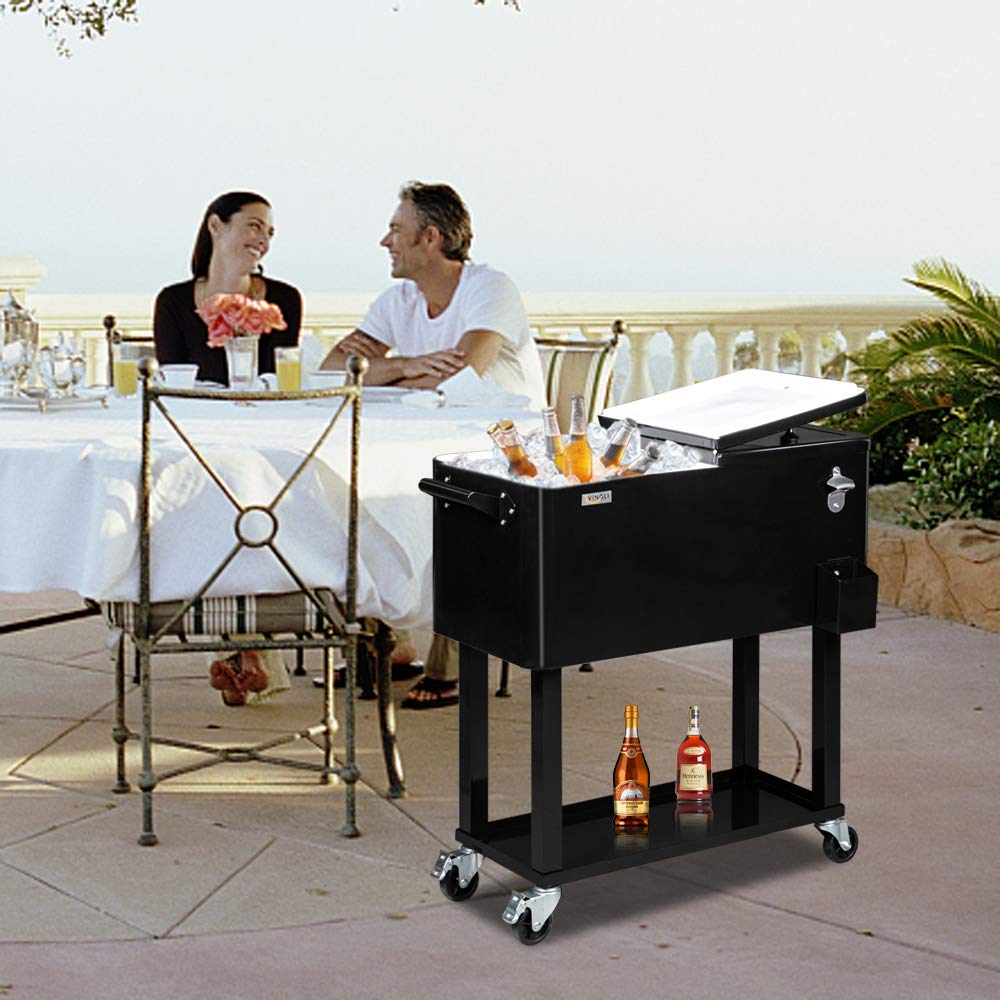 80 Quart Portable Outdoor Patio Rooling Cooler Cart Black