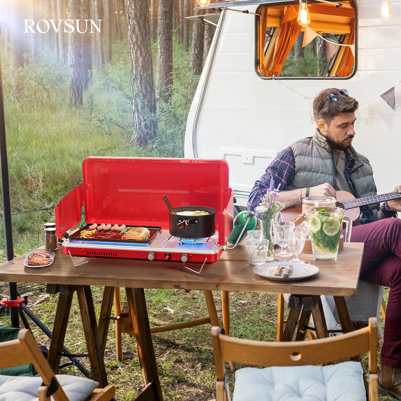 ROVSUN 1 Burner 2-in-1 Portable Camping Stove & Propane Grill Red