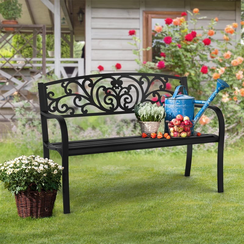50 Inch Outdoor Bench Metal with Floral Back
