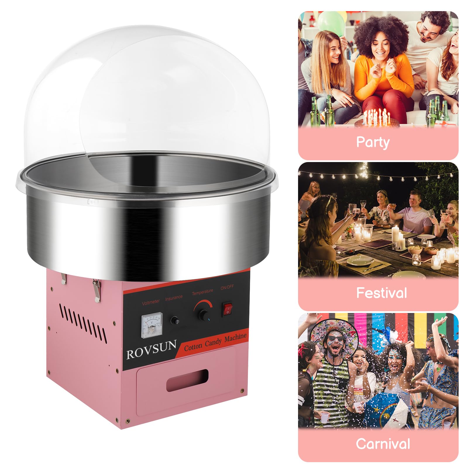 ROVSUN 21" 980W 110V Cotton Candy Machine with Bowl & Cover Pink