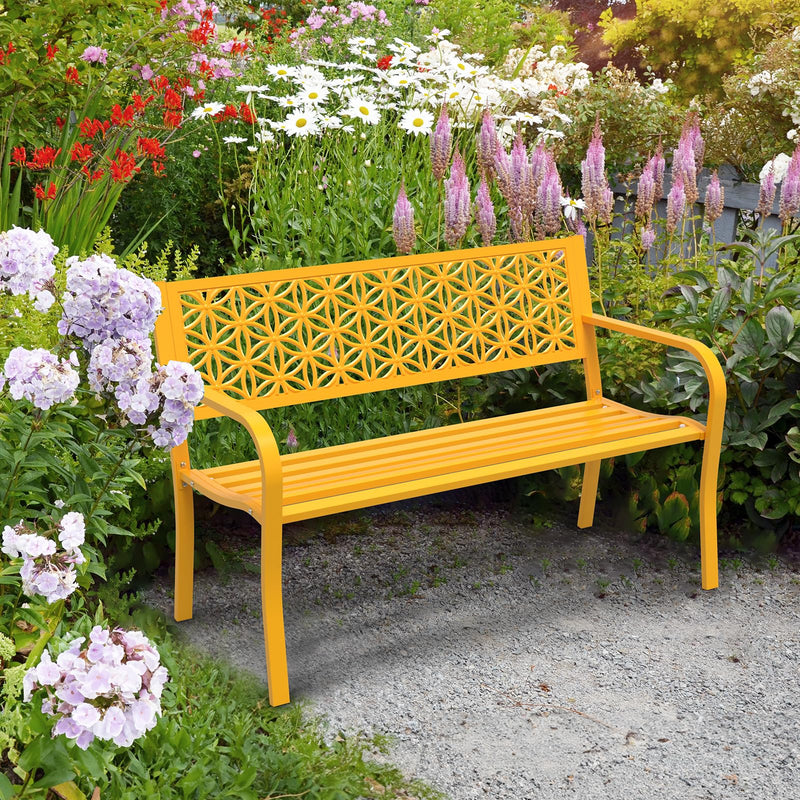 50 Inch Outdoor Bench Metal with Floral Back Yellow