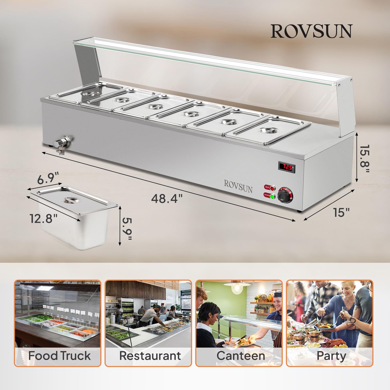 ROVSUN 48QT 1500W 110V 6-Pan Electric Steam Table Food Warmer Countertop