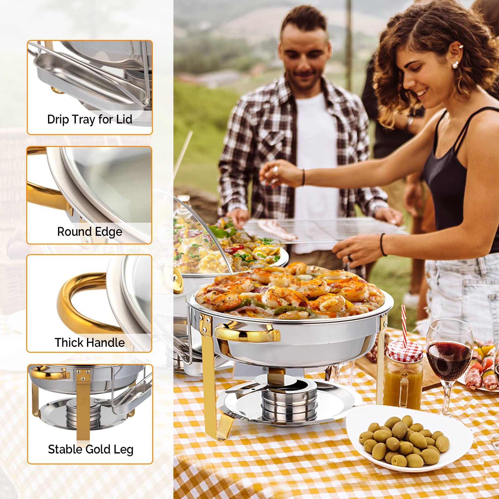 ROVSUN 5 QT Round Chafing Dish Buffet Set with Glass Lid & Lid Holder Gold