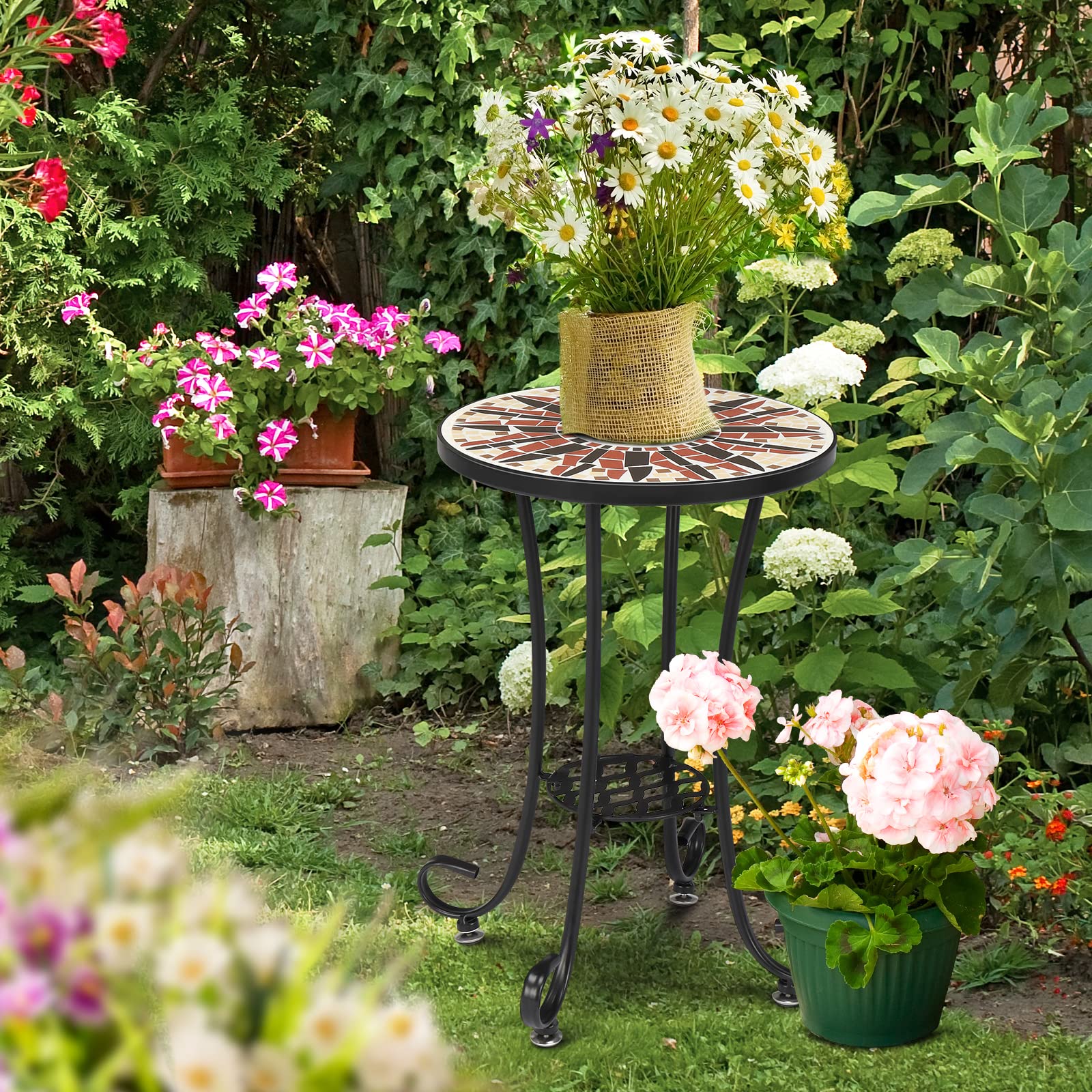 14 Inch Round Mosaic Outdoor Side Table Brown Flower