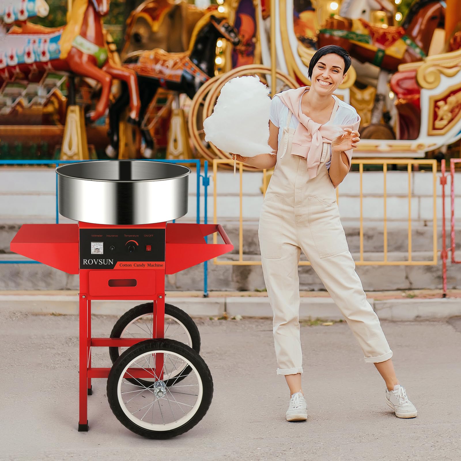 ROVSUN 21" 980W 110V Cotton Candy Machine Cart with Bowl Red