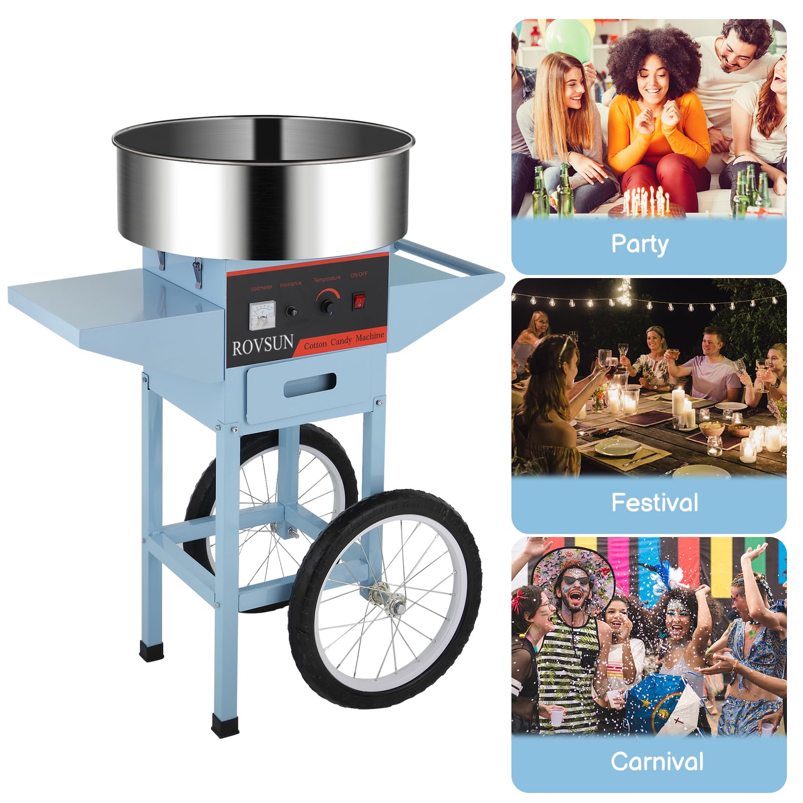 ROVSUN 21" 980W 110V Cotton Candy Machine Cart with Bowl Blue