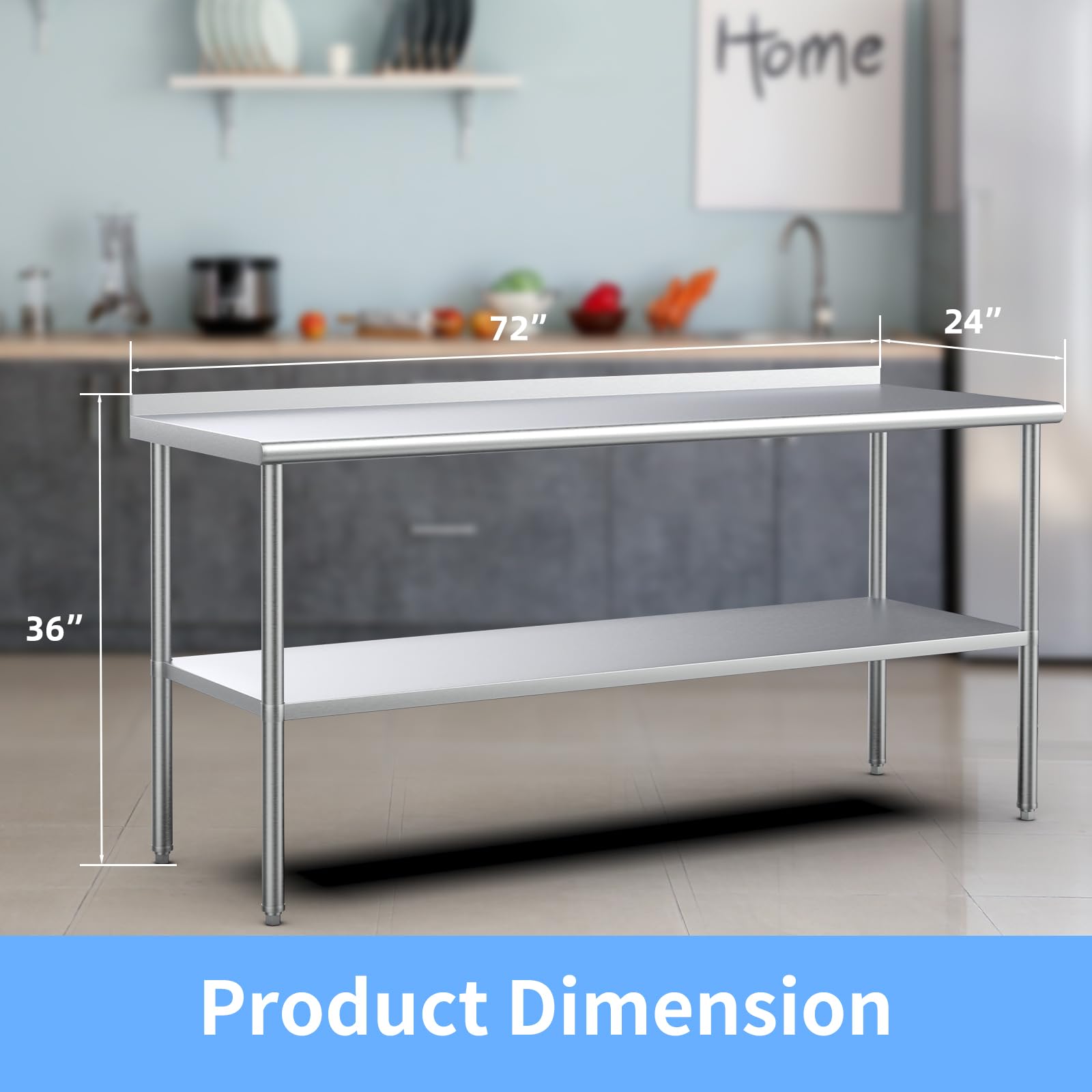 ROVSUN 24" x 72" Stainless Steel Table with Undershelf & Backsplash