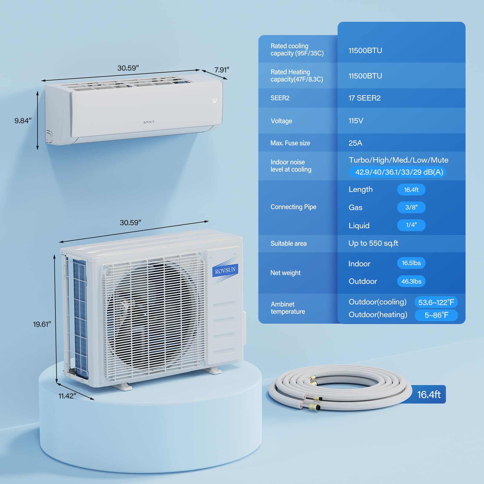 ROVSUN 11,500 BTU 17 SEER2 115V Wifi Enabled Ductless Mini Split Air Conditioner with Heat Pump Inverter & Install Kit