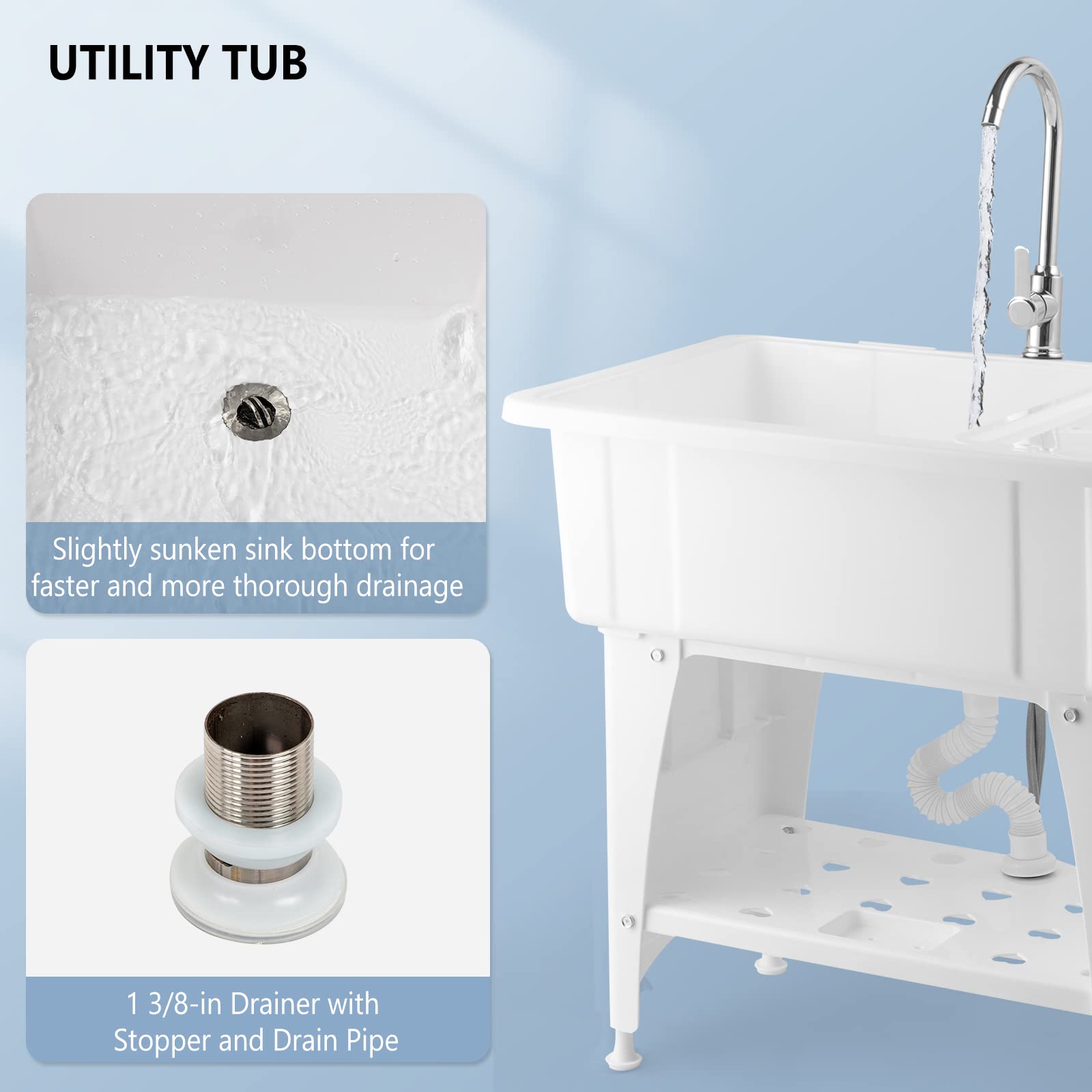 ROVSUN Utility Washing Room Sink Laundry Tub with Faucet & Shelf & Drainboard White