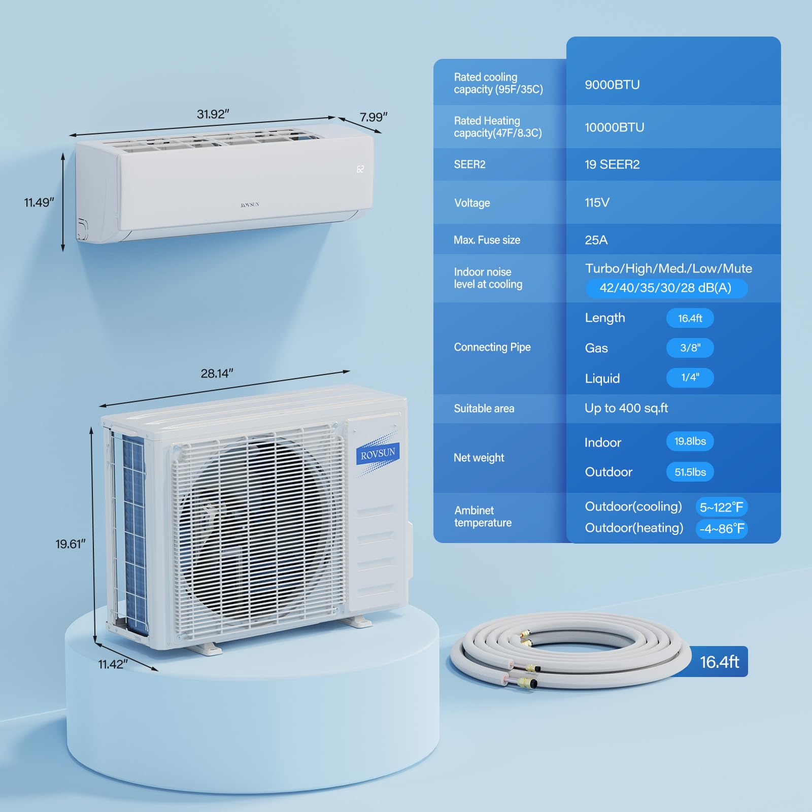 ROVSUN 9,000 BTU 19 SEER2 115V Wifi Enabled Ductless Mini Split Air Conditioner with Heat Pump Inverter & Install Kit