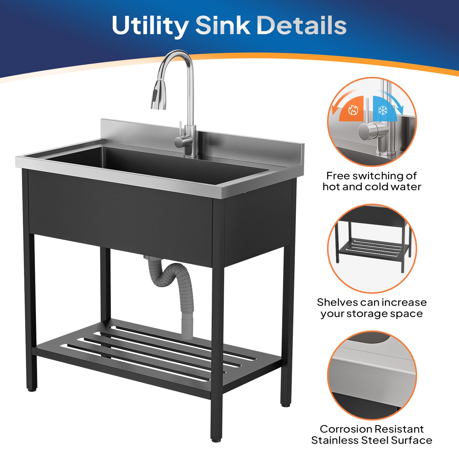 ROVSUN 36" Stainless Steel Utility Sink with Faucet & Draining Rack