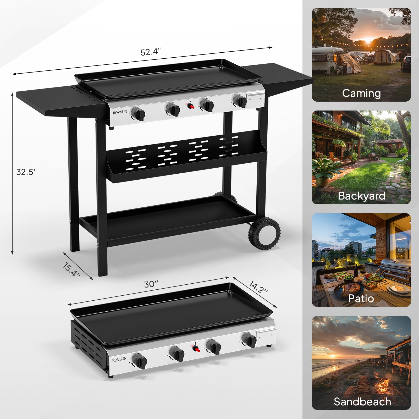 ROVSUN 4 Burner 40,000 BTU Portable Propane Rolling Flat Top Gas Grill with Stand