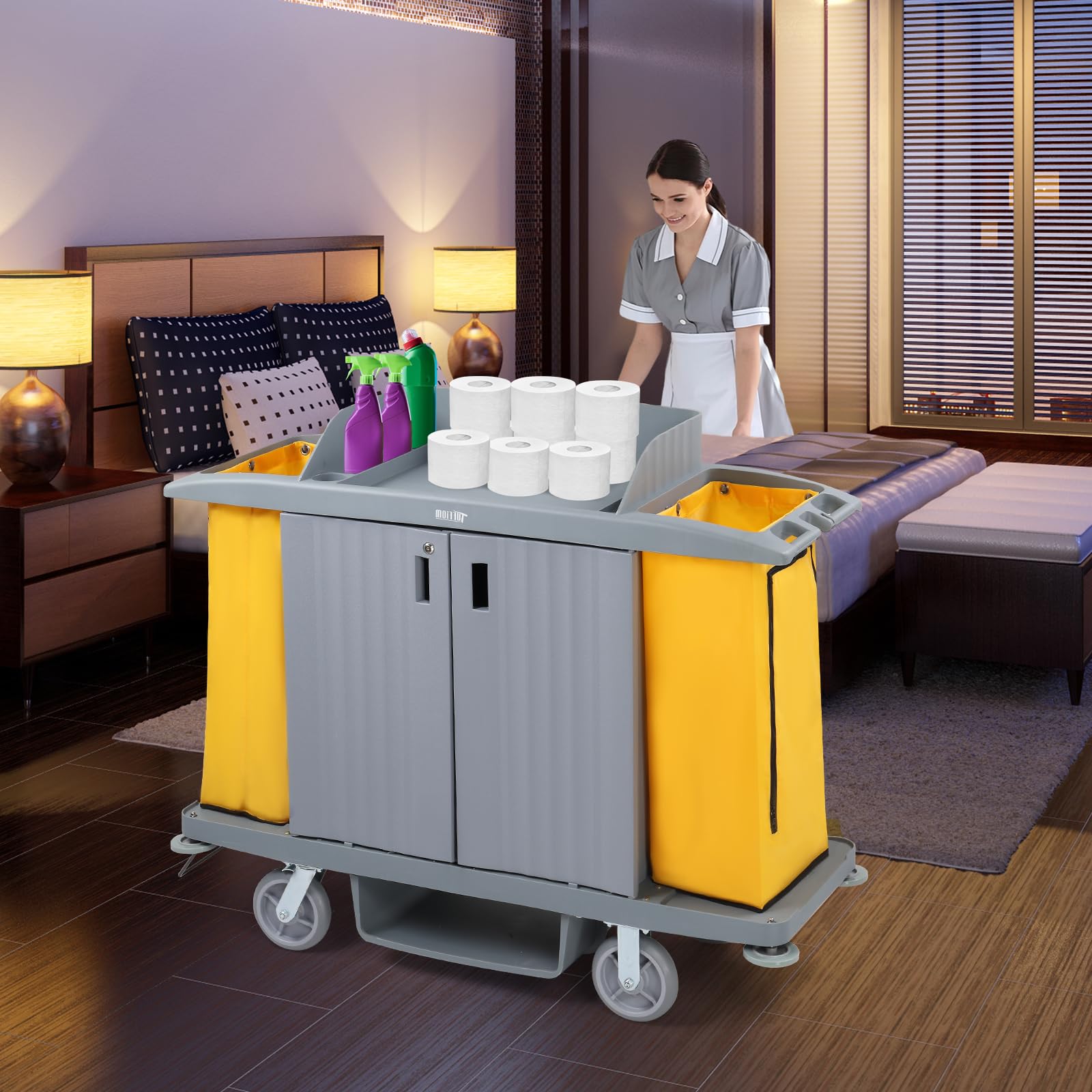 60" Multifunctional Housekeeping Hotel Cart Janitorial Cart with Locking