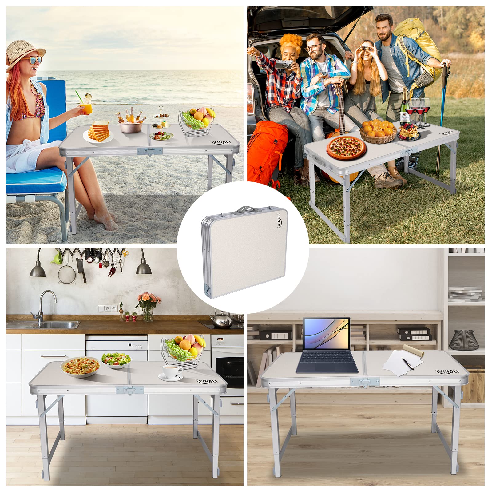 3 FT Small Camping Table Adjustable Height White