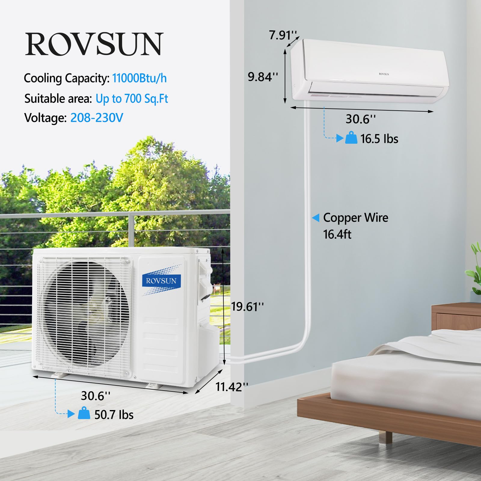 ROVSUN 11000 BTU 17 SEER2 230V Wifi Enabled Ductless Mini Split Air Conditioner with Heat Pump Inverter & Install Kit