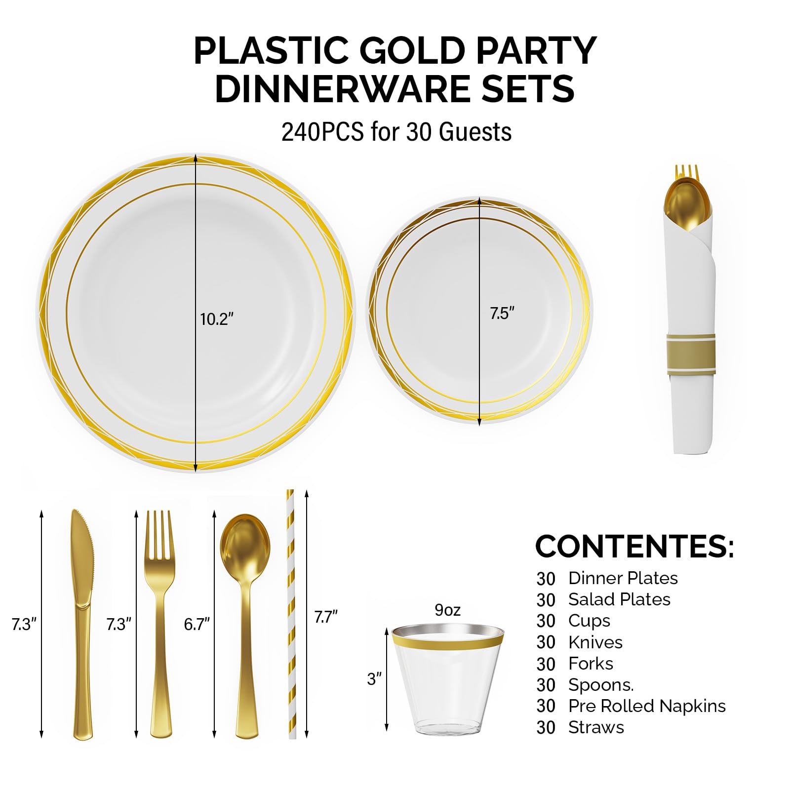 ROVSUN 240 Pieces Gold Pre Rolled Napkins Disposable Dinnerware Set