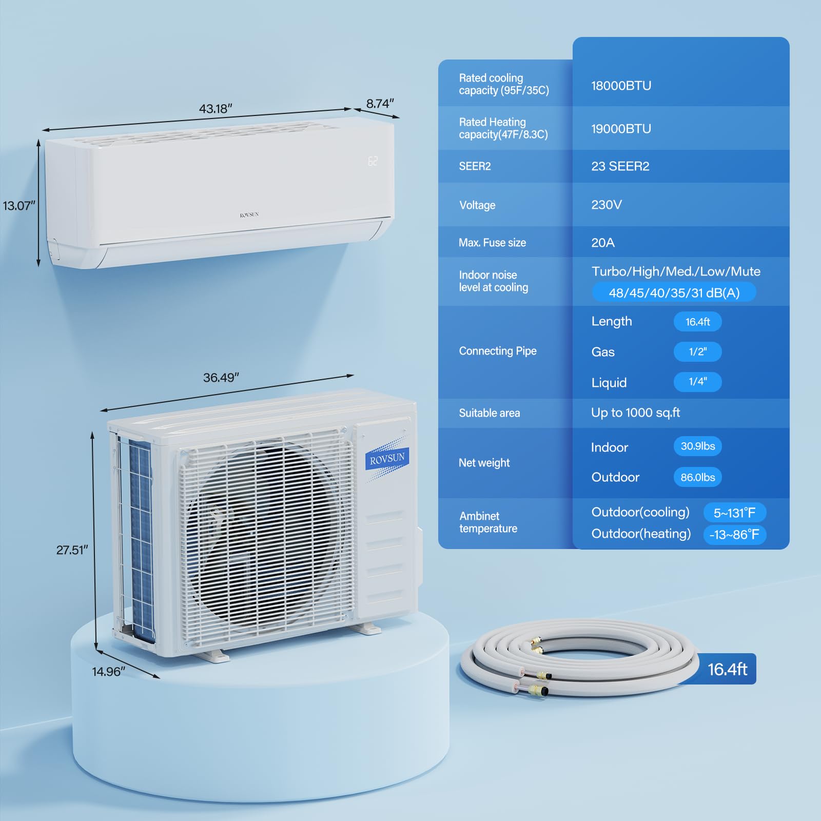 ROVSUN 18,000 BTU 23 SEER2 230V Wifi Enabled Ductless Mini Split Air Conditioner with Heat Pump Inverter & Install Kit