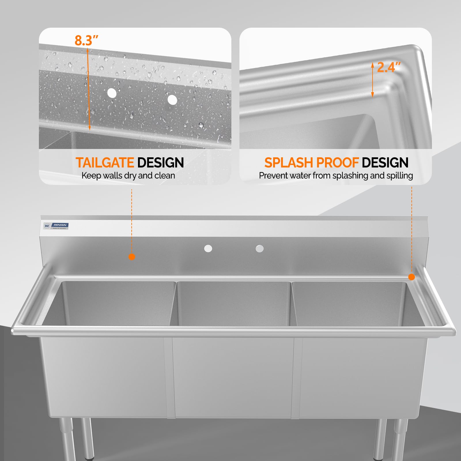 ROVSUN 60" 3 Compartment 304 Stainless Steel Sink with Backsplash