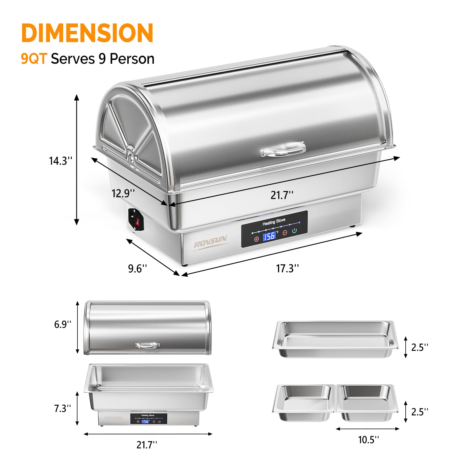 ROVSUN 9 QT Roll Top Stainless Steel Electric Chafing Dish with Temp Control