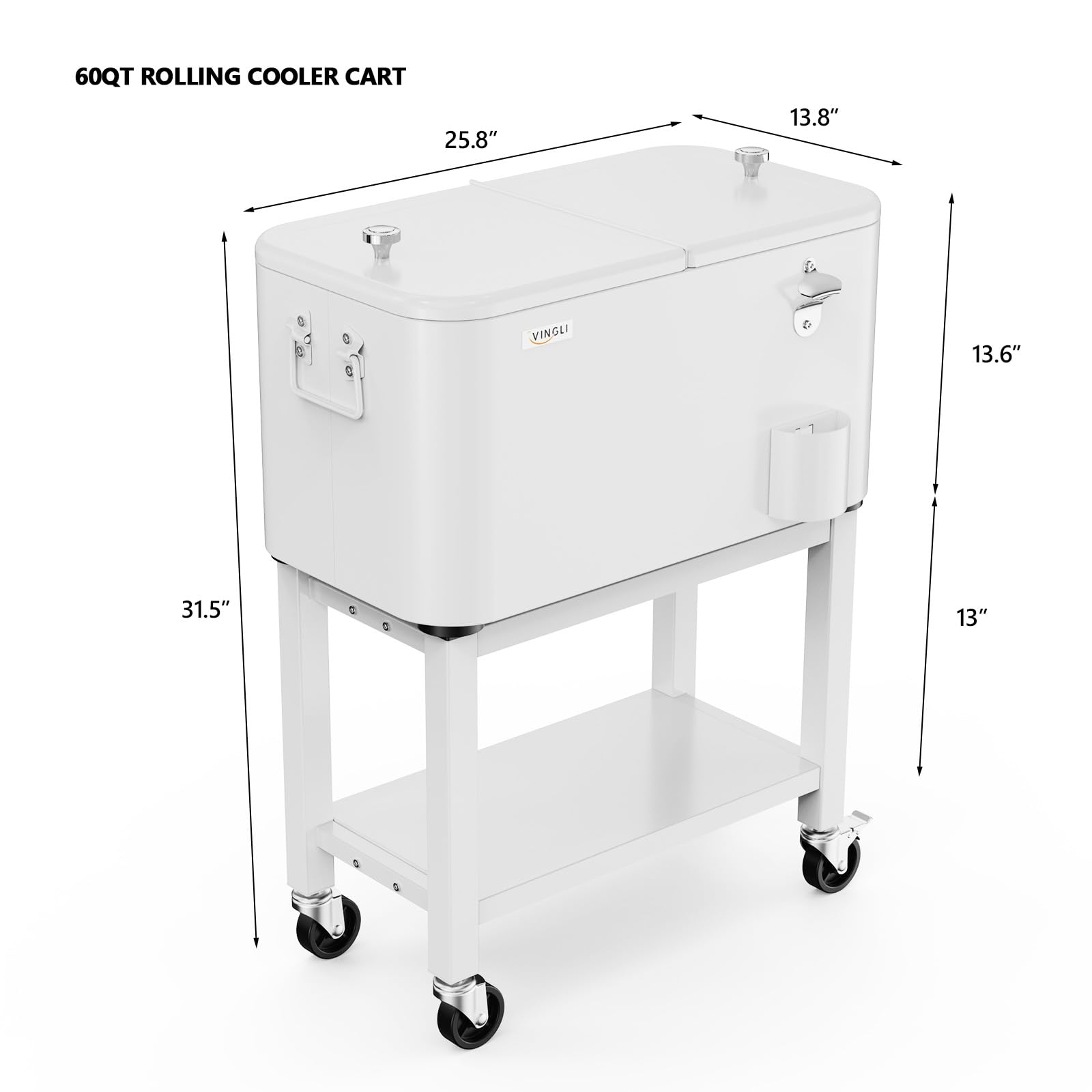 60 Quart Portable Patio Rooling Cooler Cart Detachable White