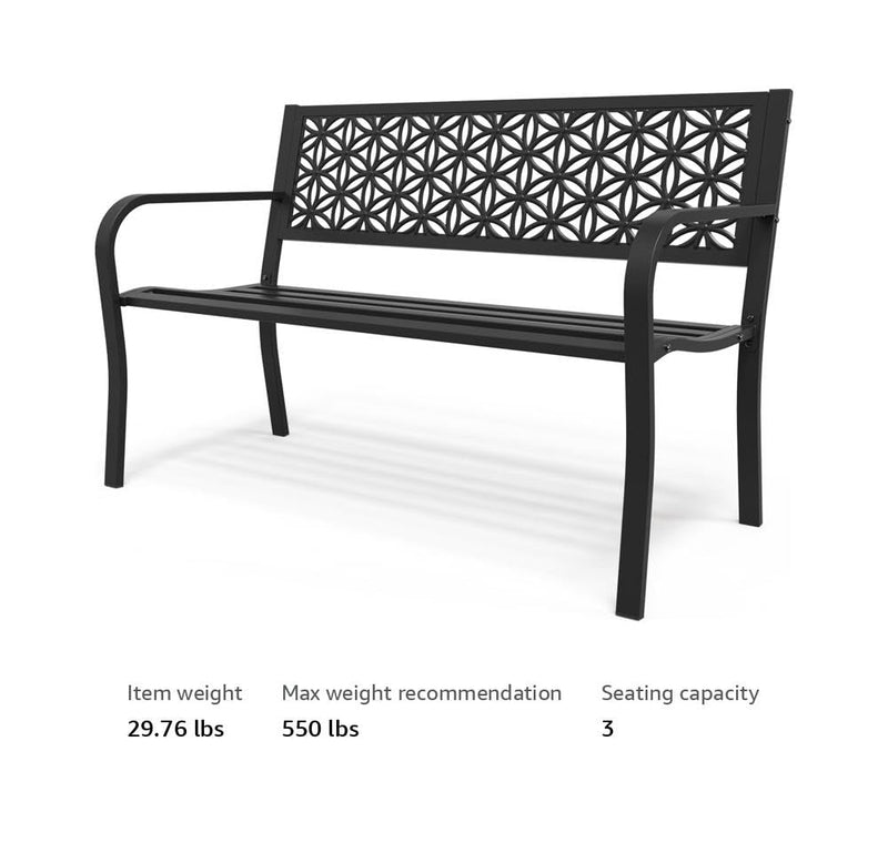 50 Inch Outdoor Bench Metal with Floral Back Black