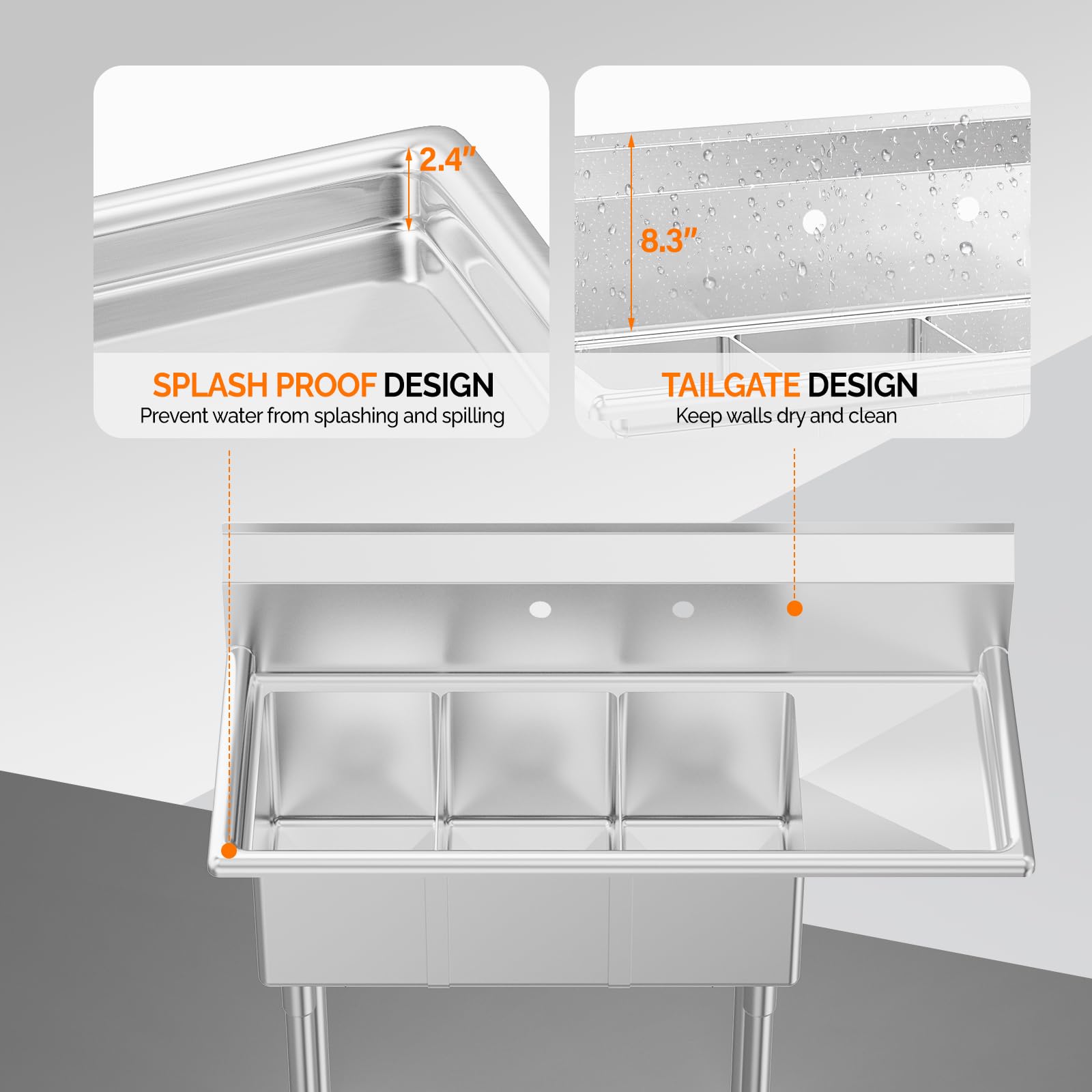 ROVSUN 3 Compartment 304 Stainless Steel Sink with Right Side Drainboard