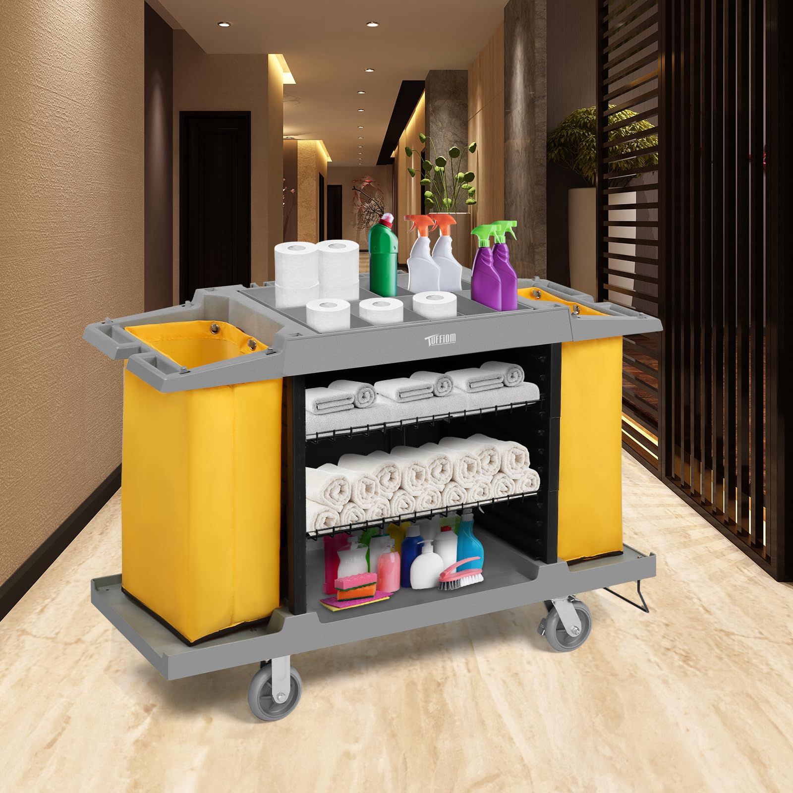 57" Multifunctional Housekeeping Hotel Cart Janitorial Cart