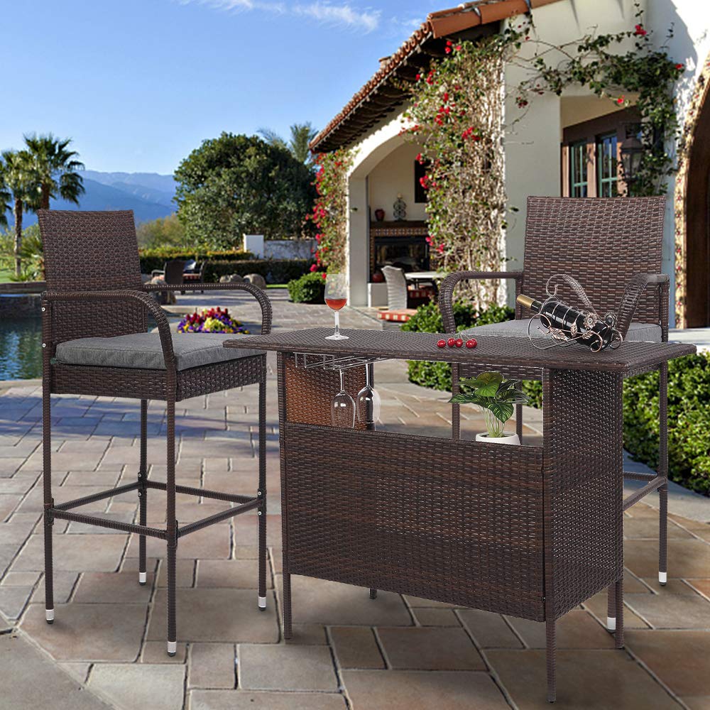 Outdoor Wicker Bar Stools Set with Armrest