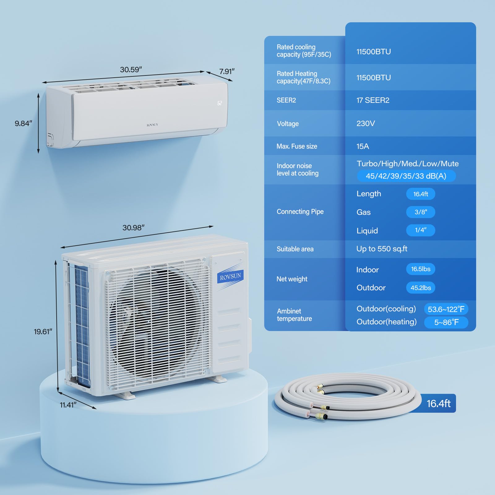 ROVSUN 11,500 BTU 17 SEER2 230V Wifi Enabled Ductless Mini Split Air Conditioner with Heat Pump Inverter & Install Kit