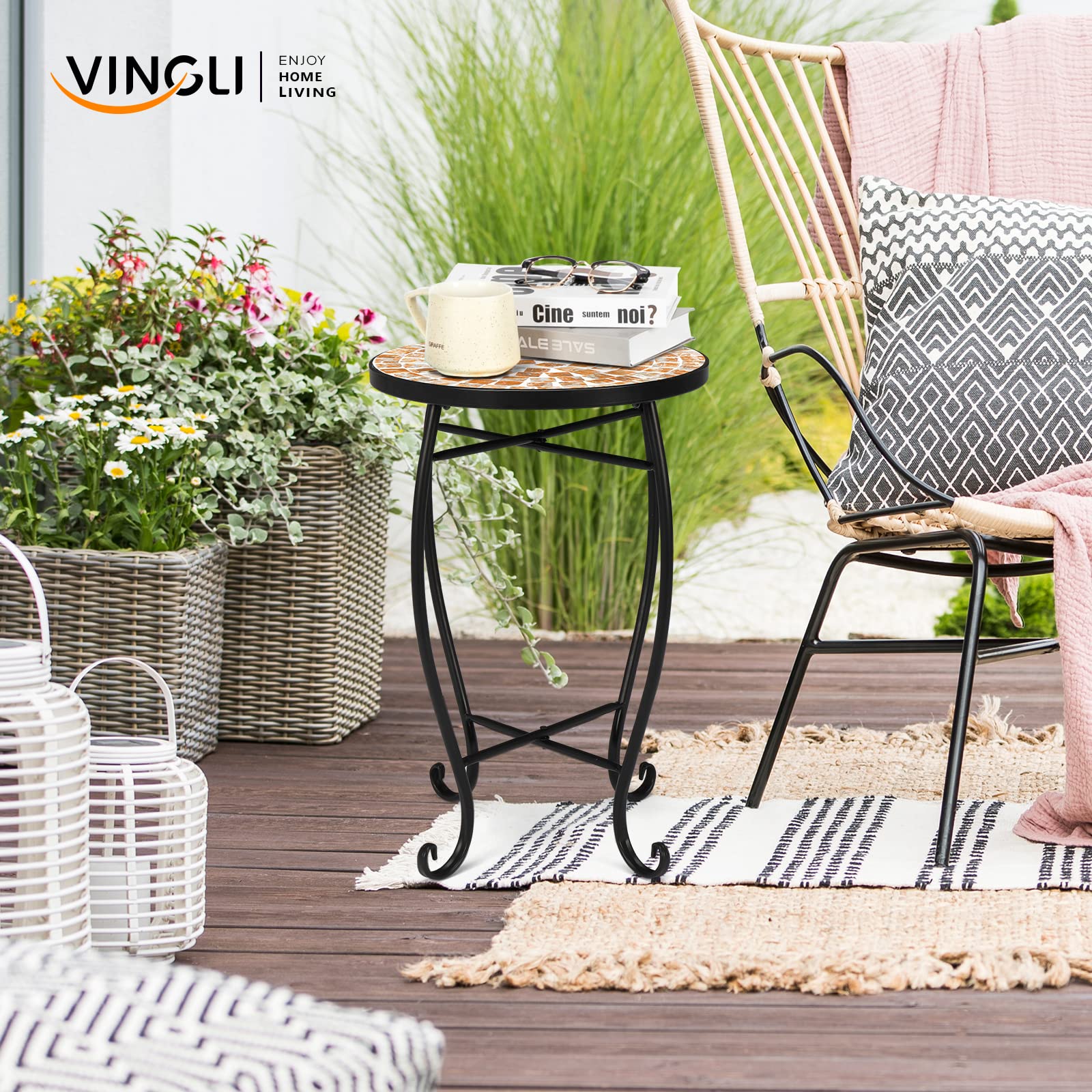 14 Inch Round Mosaic Outdoor Side Table Golden Yard