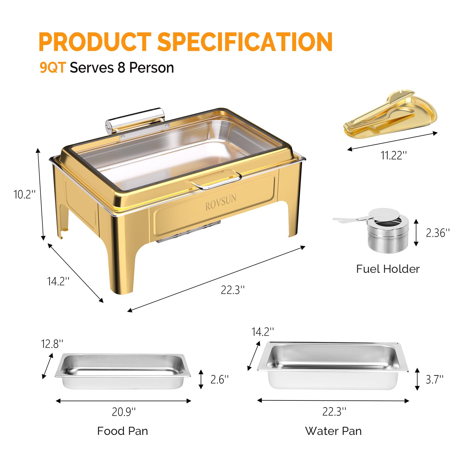 ROVSUN 9 QT Gold Rectangular Chafing Dishes with Glass Lid & Serving Tong