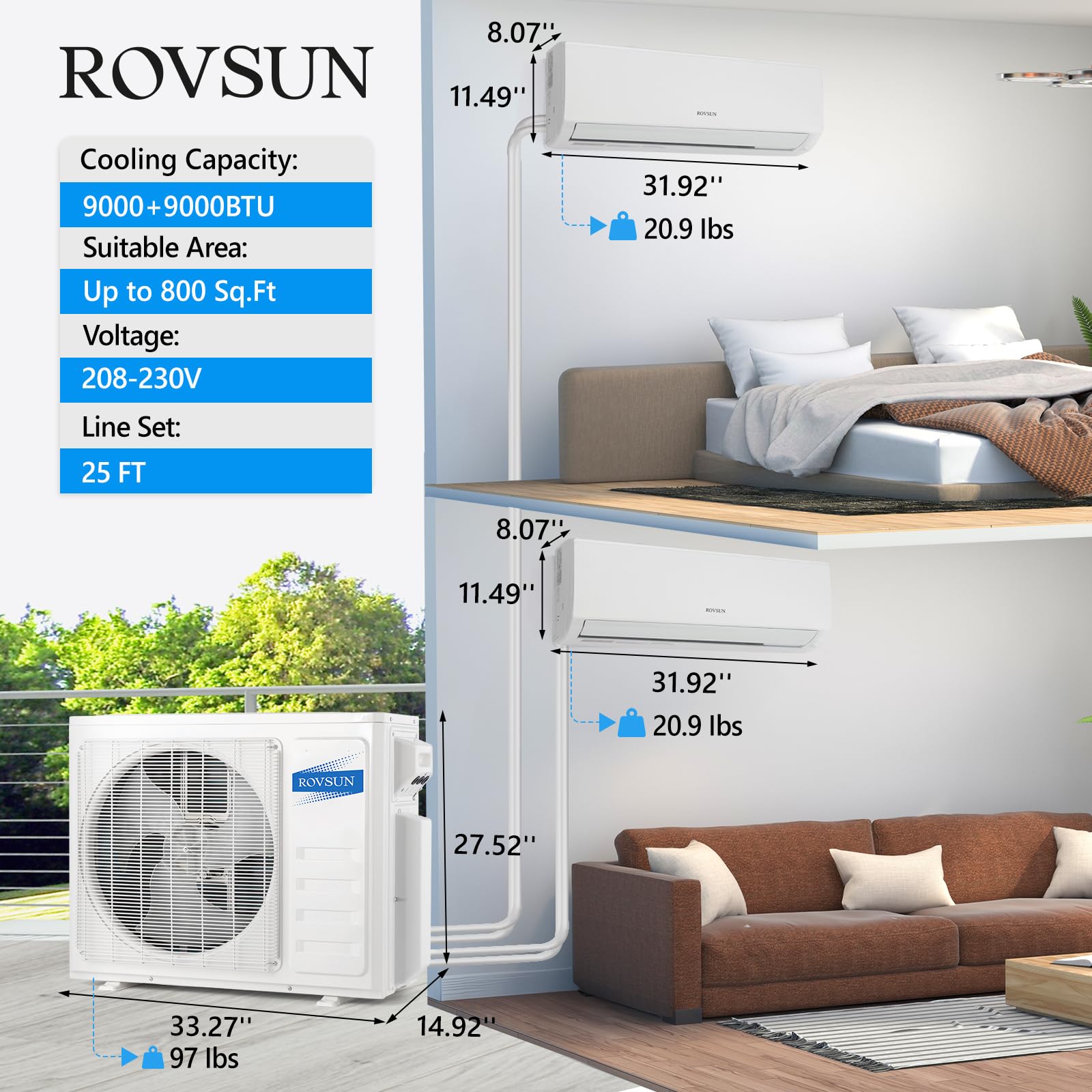 ROVSUN 2 Zone 9000 + 9000 / 18000 BTU Wifi Mini Split Air Conditioner Ductless 19 SEER2 230V with Heat Pump & 25Ft Install Kit