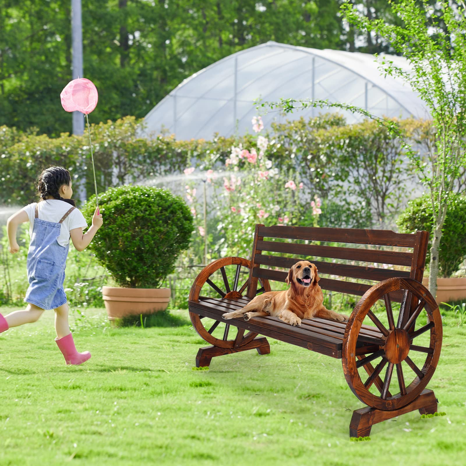 55 Inch Outdoor Bench with Rustic Wooden Wheel