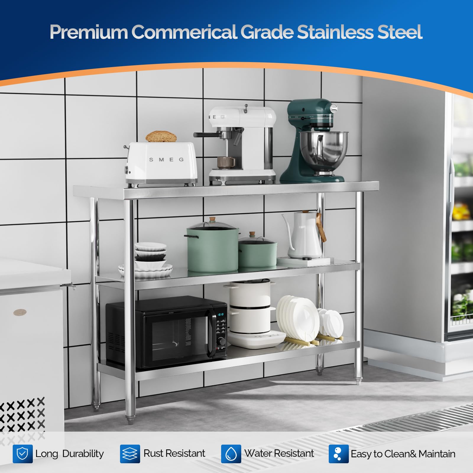 ROVSUN 14" x 48" Stainless Steel Table with 2 Shelves