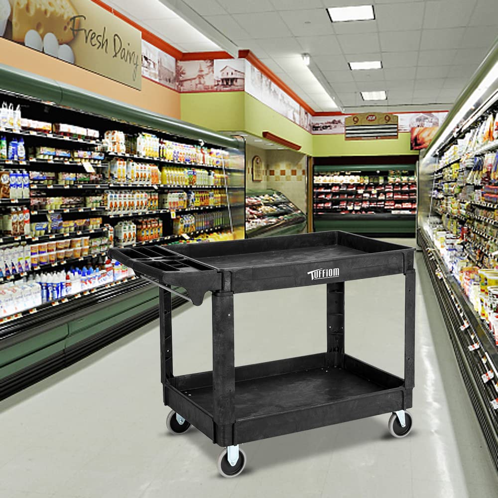 2-Tier Large 550lbs Capacity Shelf Plastic Utility Cart with Wheels Black