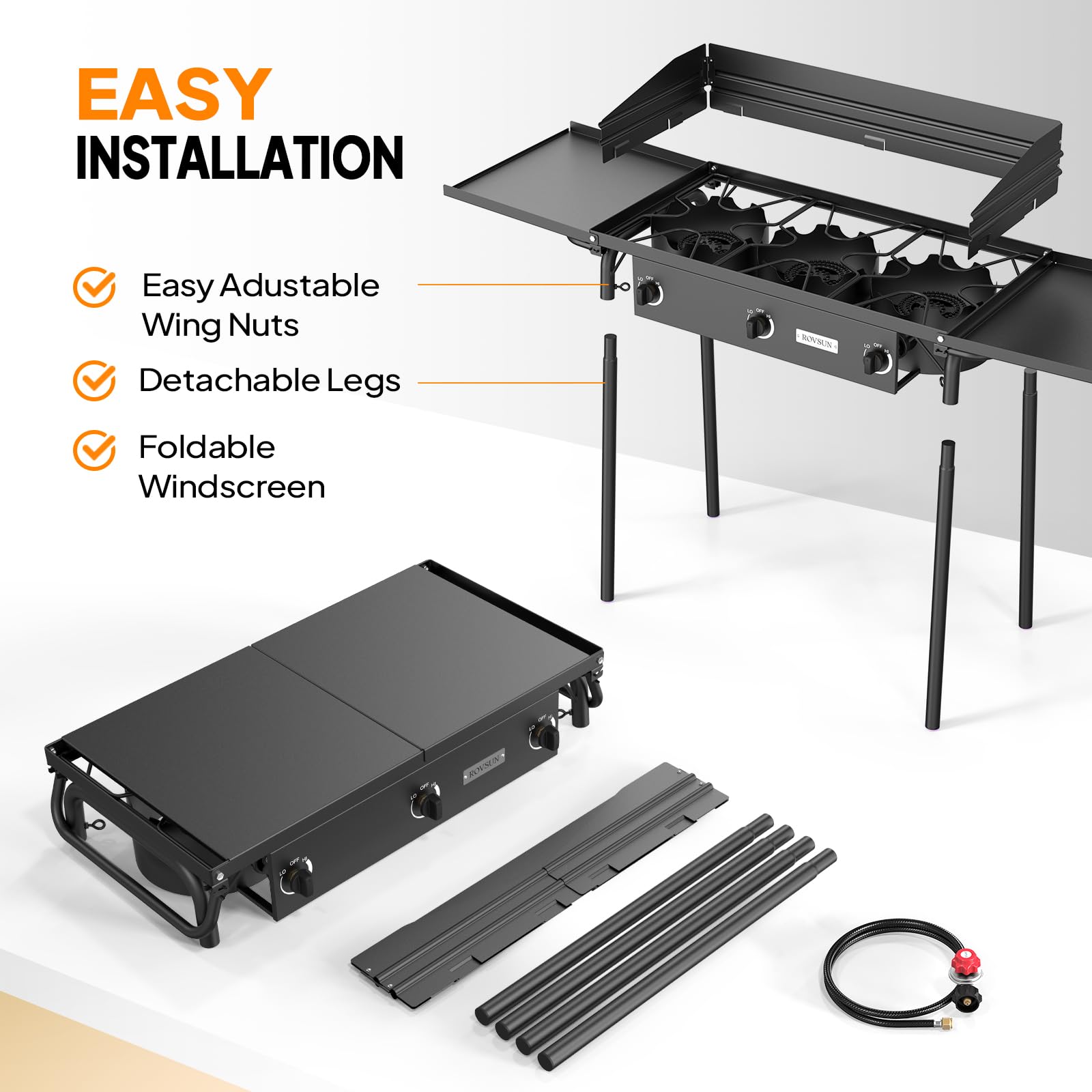 ROVSUN 3 Burner 225,000 BTU Outdoor Gas Propane Stove with Windpanel & Side Shelves & Carrying Bag