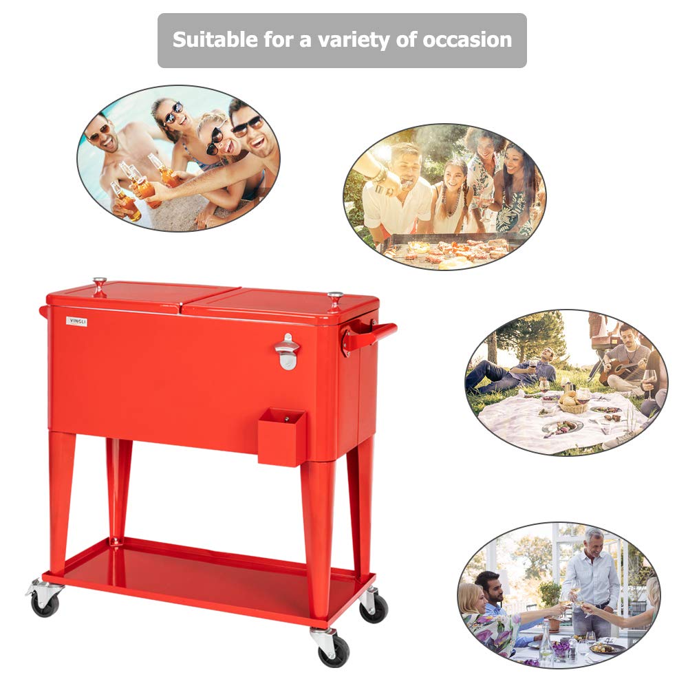 80 Quart Portable Outdoor Patio Rooling Cooler Cart Red