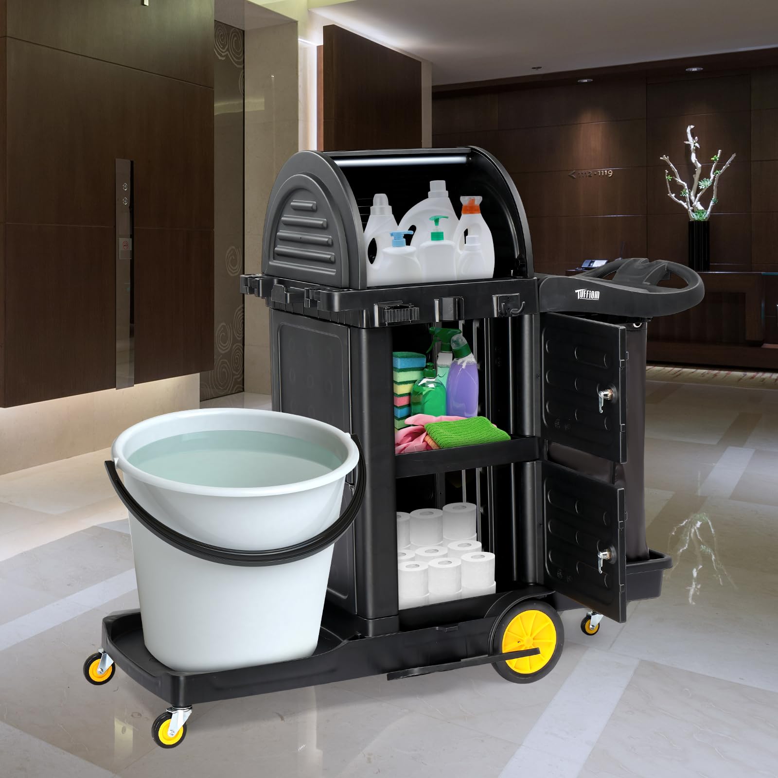 51" Janitorial Cart Cleaning Cart with Key-Locking Cabinet