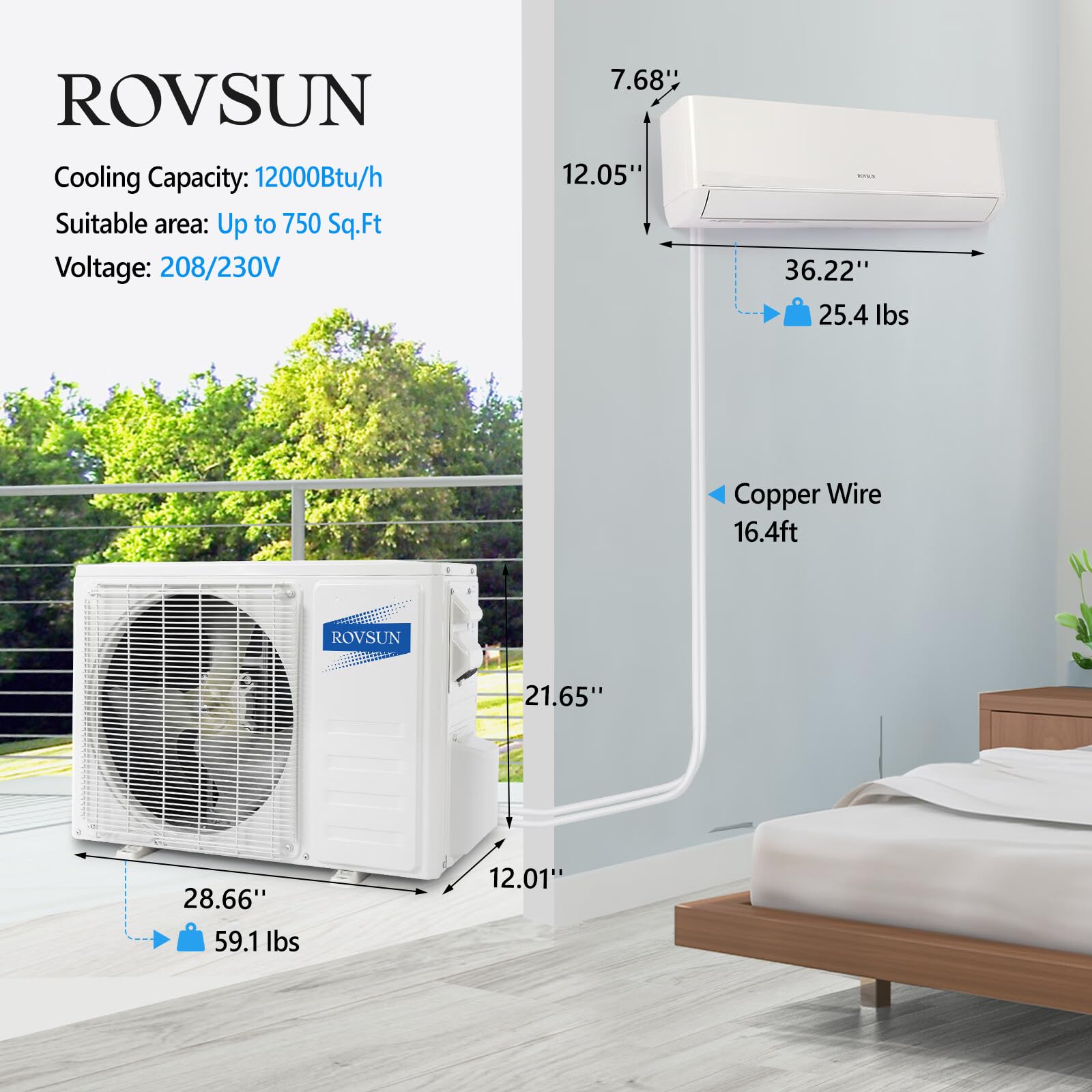 ROVSUN 12,000 BTU 24 SEER2 230V Wifi Enabled Ductless Mini Split Air Conditioner with Heat Pump Inverter & Install Kit