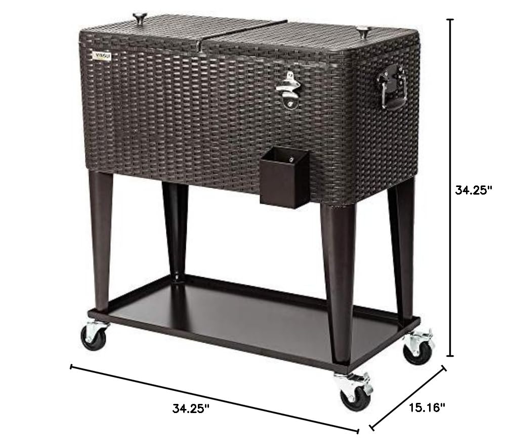 80 Quart Portable Outdoor Patio Rooling Cooler Cart Black Brown