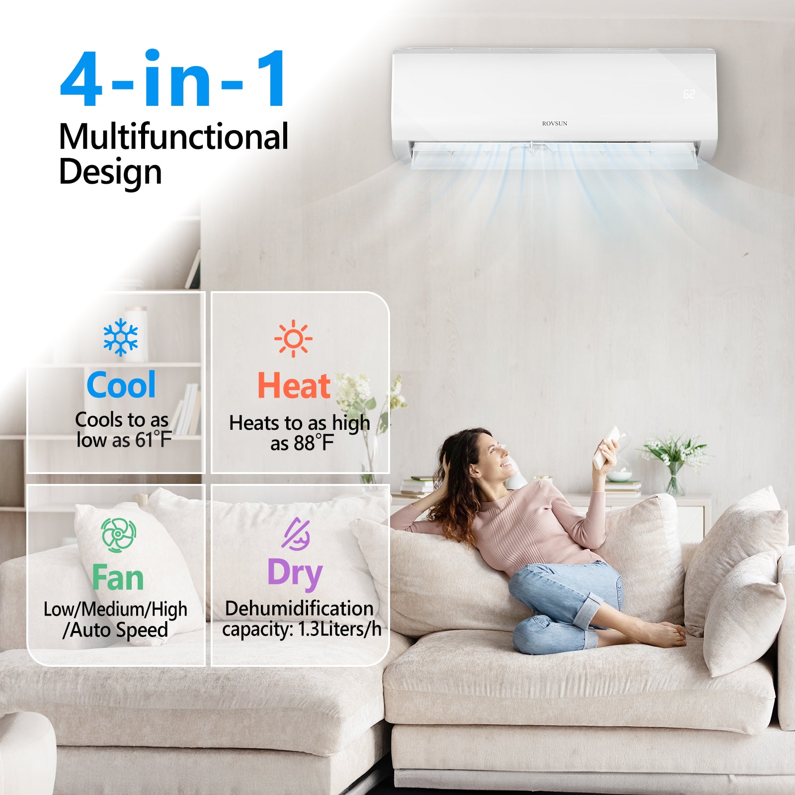 ROVSUN 18000 BTU 19 SEER2 230V Wifi Enabled Ductless Mini Split Air Conditioner with Heat Pump Inverter & Install Kit