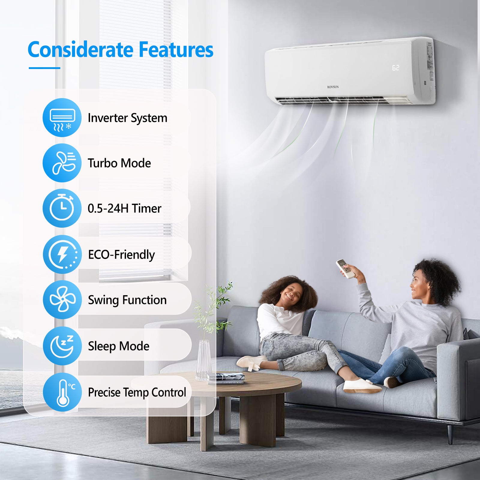 ROVSUN 9000 BTU 19 SEER2 115V Mini Split Air Conditioner with Heat Pump Ductless Inverter & Install Kit