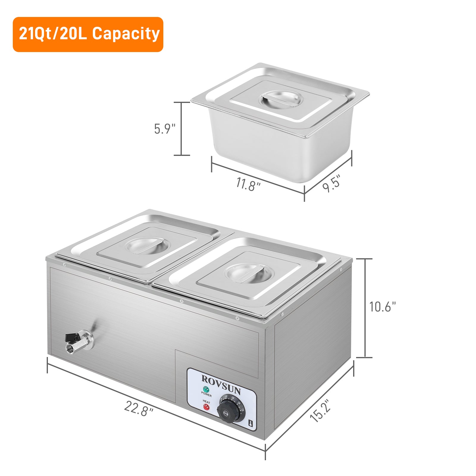 ROVSUN 21 QT 600W 110V 2-Pan Electric Steam Table Food Warmer Countertop