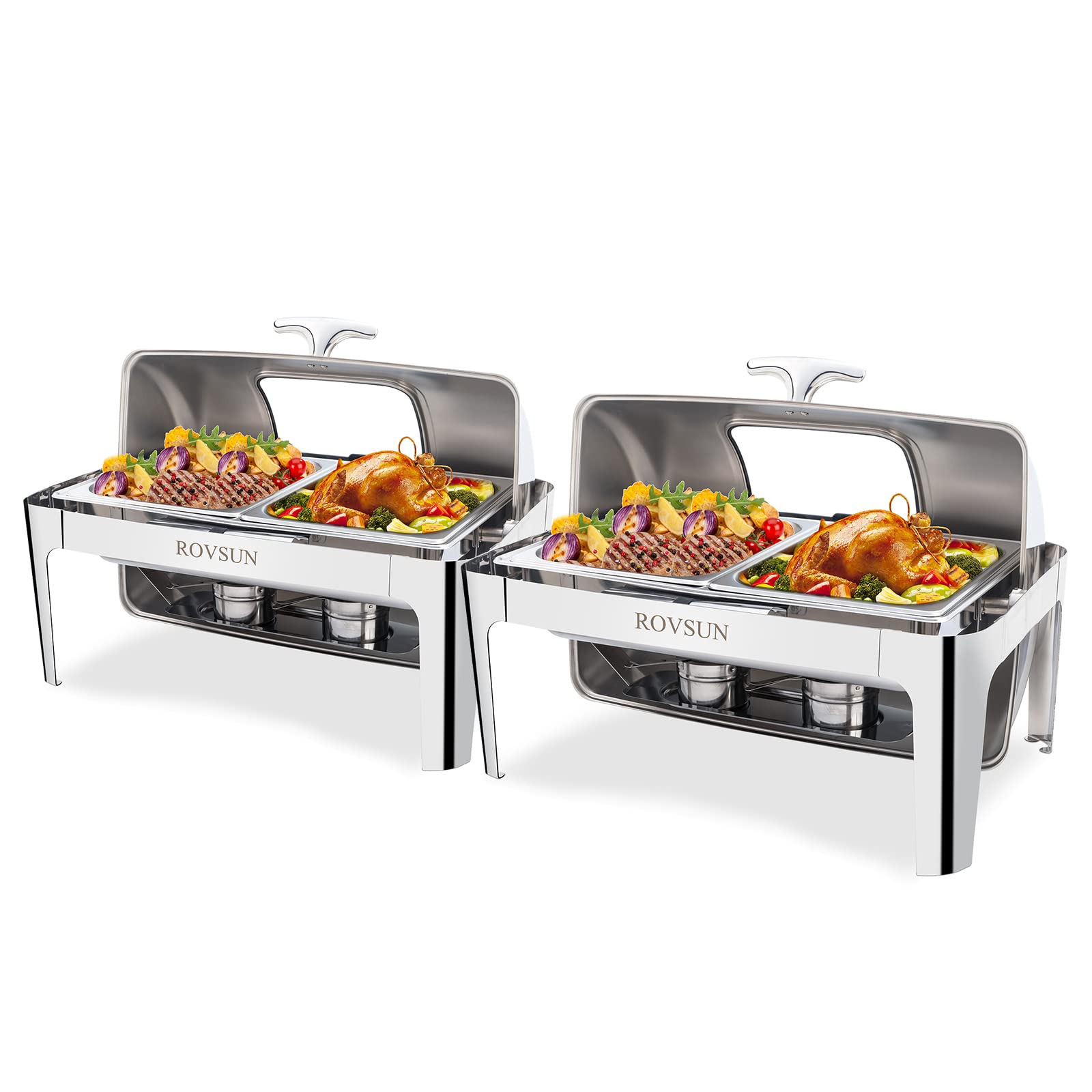 ROVSUN 9 QT Roll Top Rectangle Chafing Dish Buffet Set with 2 Half Size Pan & Glass Window