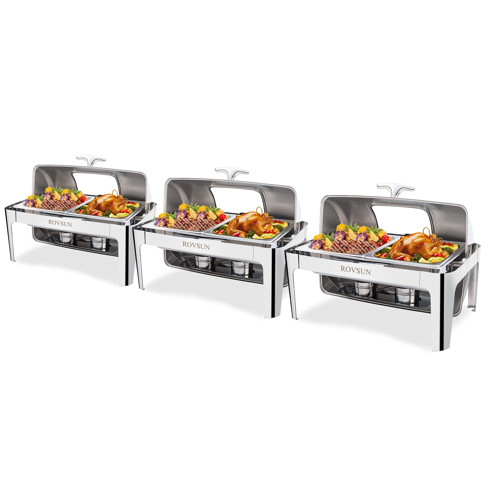 ROVSUN 9 QT Roll Top Rectangle Chafing Dish Buffet Set with 2 Half Size Pan & Glass Window